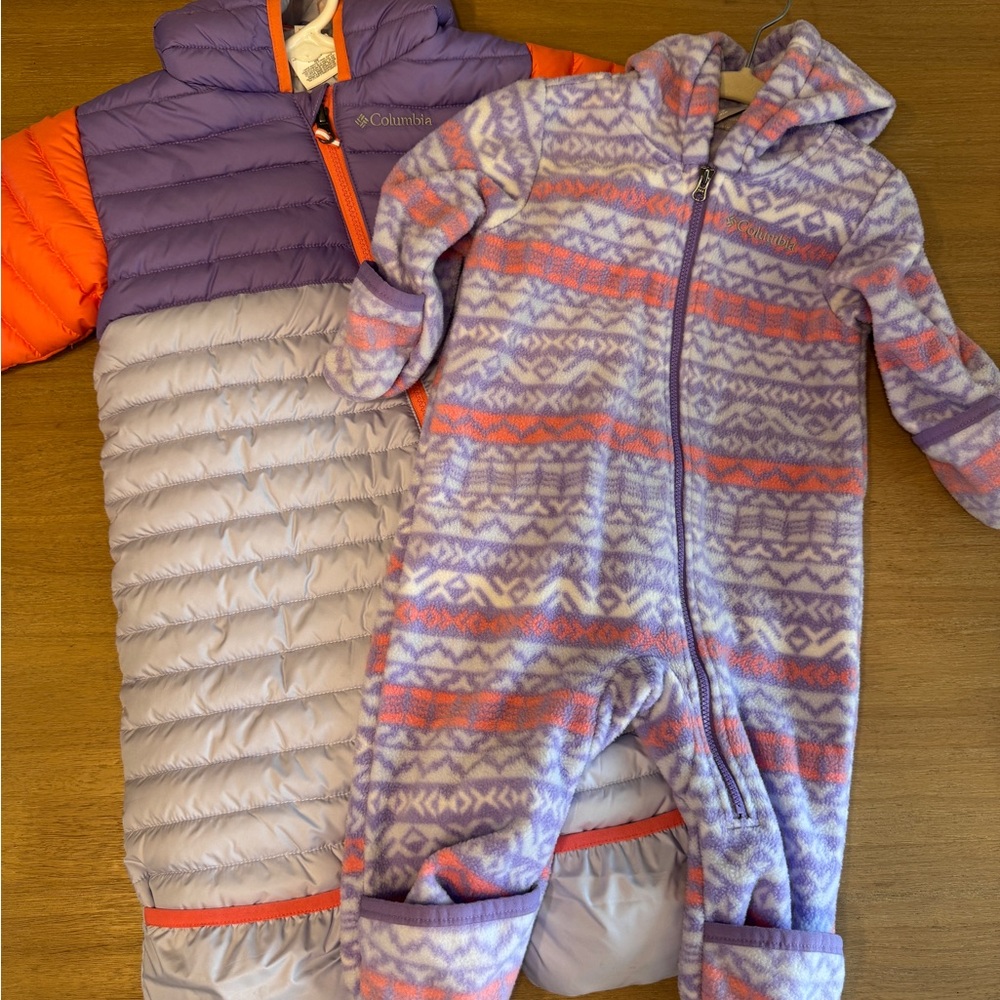 Columbia infant reversible snowsuit and fleece bunting- purple and pink